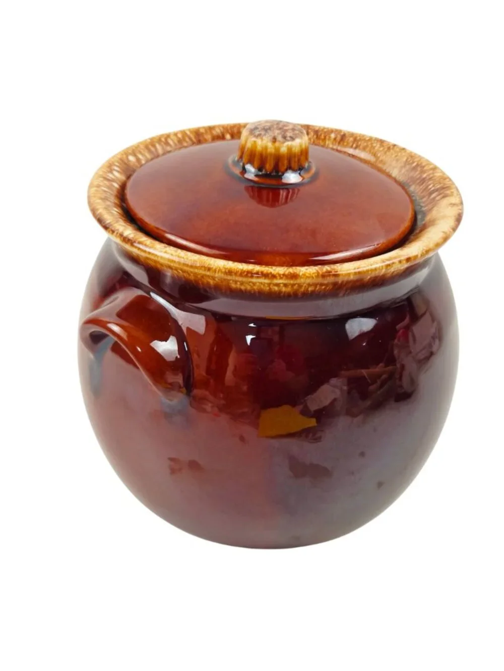 Hull Pottery Bean Pot Brown Drip Glaze Glossy Lid Cookie Jar Oven Proof USA